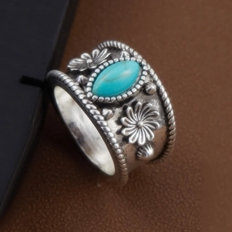Bohemian Retro Carved Pattern Imitation Turquoise Wide Face Ring, Women's Personalized Trendy Ethnic Style Holiday Accessory