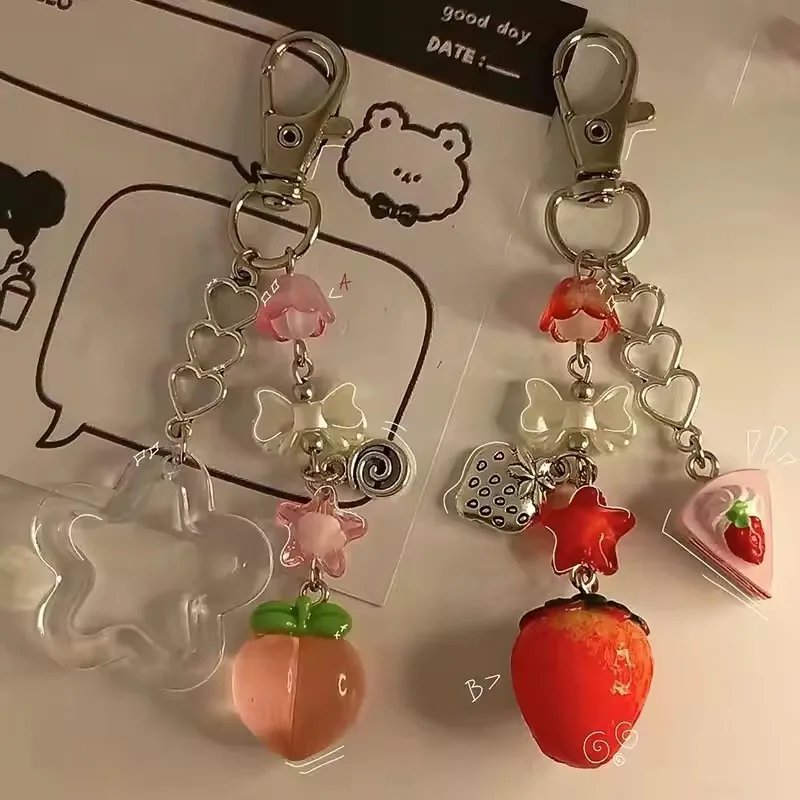 Y2K Handmade Strawberry And Peach Matching Keychain Fairytale Lily of The Valley Keychain Handbag Pendant Keyring For Girls Gift