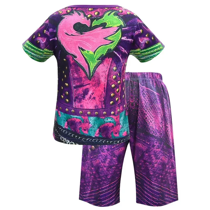 เด็กลูกหลาน 3 เครื่องแต่งกายสําหรับสาว Evie คอสเพลย์เครื่องแต่งกายเด็กแขนยาว Zentai ตลก 3D เสื้อยืด + กางเกงเสื้อผ้าชุด