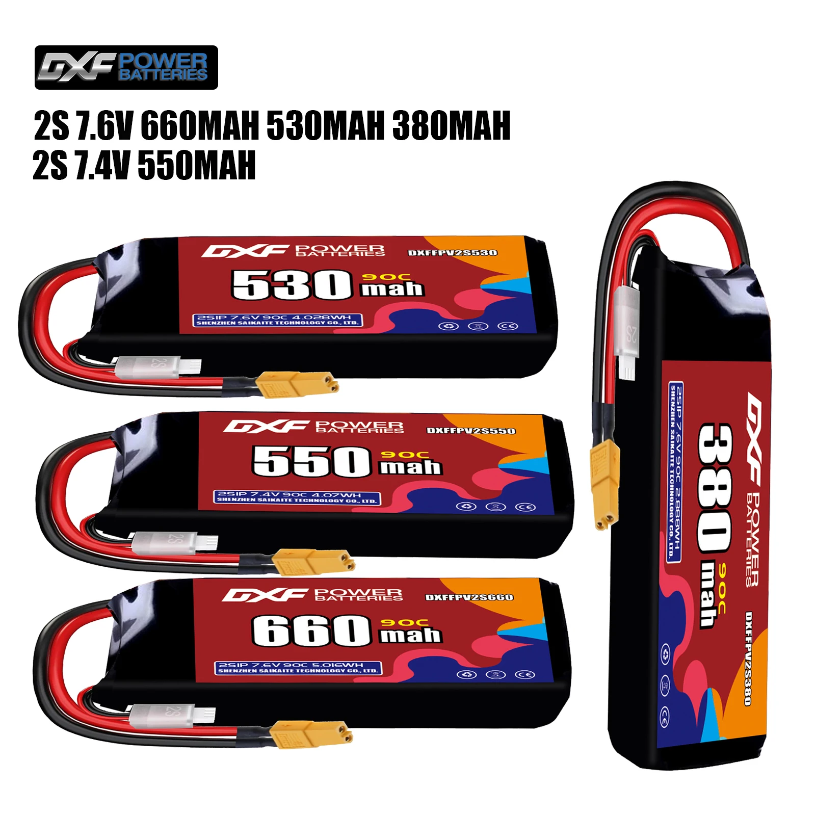 

DXF Lipo 2S Аккумулятор 7,6 В 660 мАч 530 мАч 380 мАч 7,4 В 550 мАч 90C с разъемом XT30 XT60 JST для FPV Вертолета Квадрокоптера Дрон