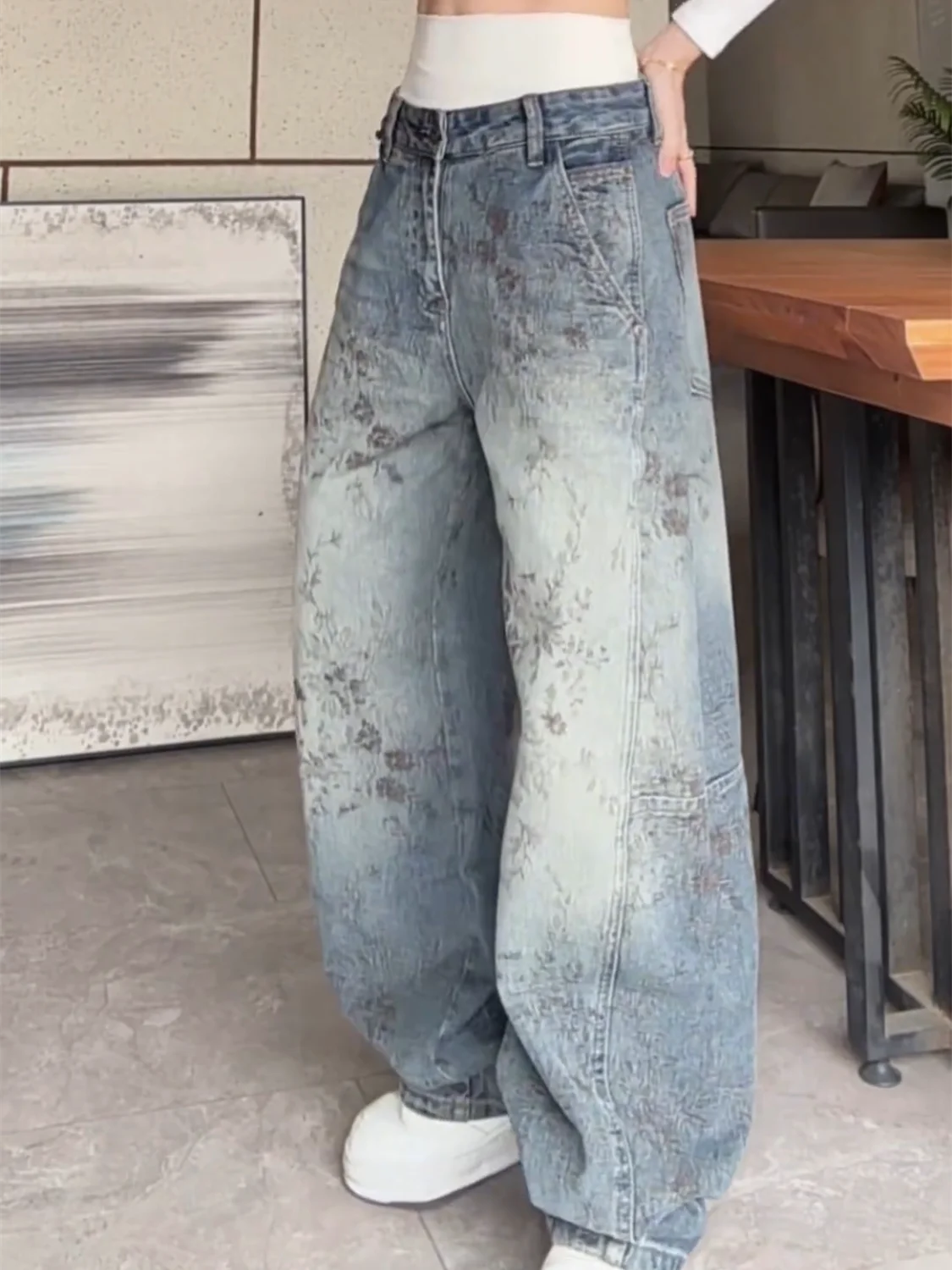 

Spring New Men's Retro National Sle Embroidered Denim Pants Loose Versatile Slimming Street Sle Wide Leg Knife Long Pants