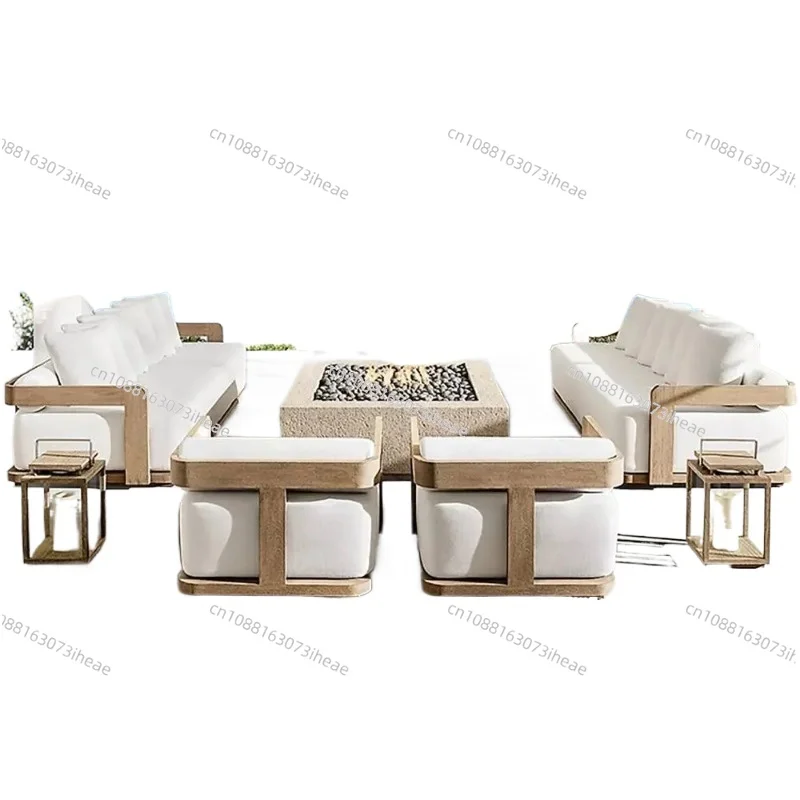Modern Outdoor Furniture Set Waterproof Fire Pit with Teak Wooden Bench & Rattan Aluminum Cast Sofa Garden Living Room Hotels