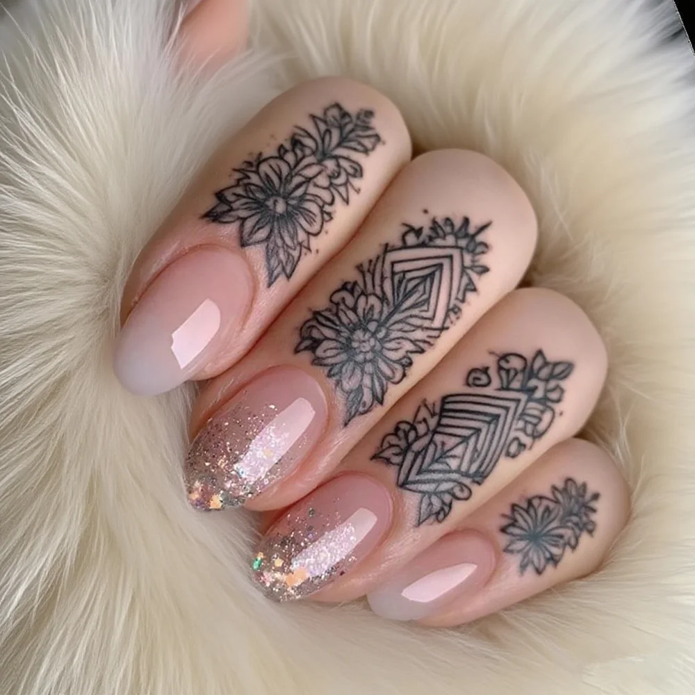 

Shiny Gradient French False Nails Press Ons With Glue Glitter Acrylic Fake Nail DIY Woman Wholesale Manicure Accessories