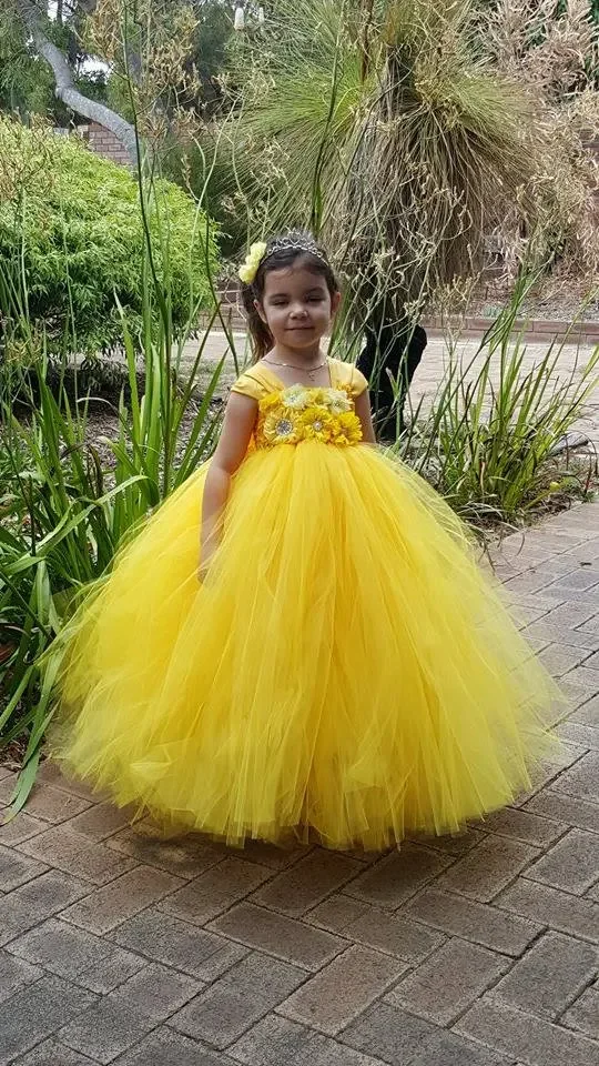 Belle Princess Girls Dress Yellow Flower Girl Tutu Dress Canary Beautiful Handmade Yellow Kids Girls Tutu Party Dress