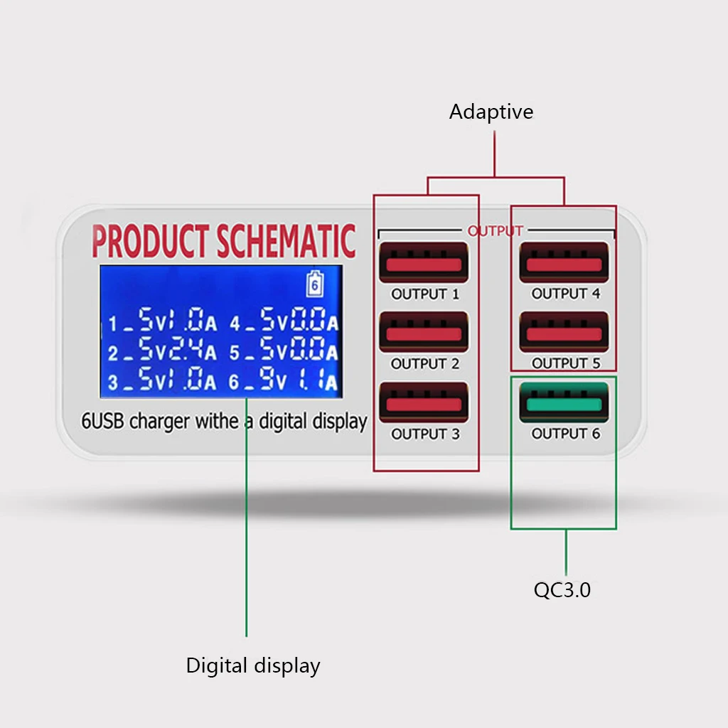 8A QC3.0 USB Charger with LCD Display 6 Ports Desktop Mobile Phone Charger Smart Fast Charging for Smart Phones Tablet PC