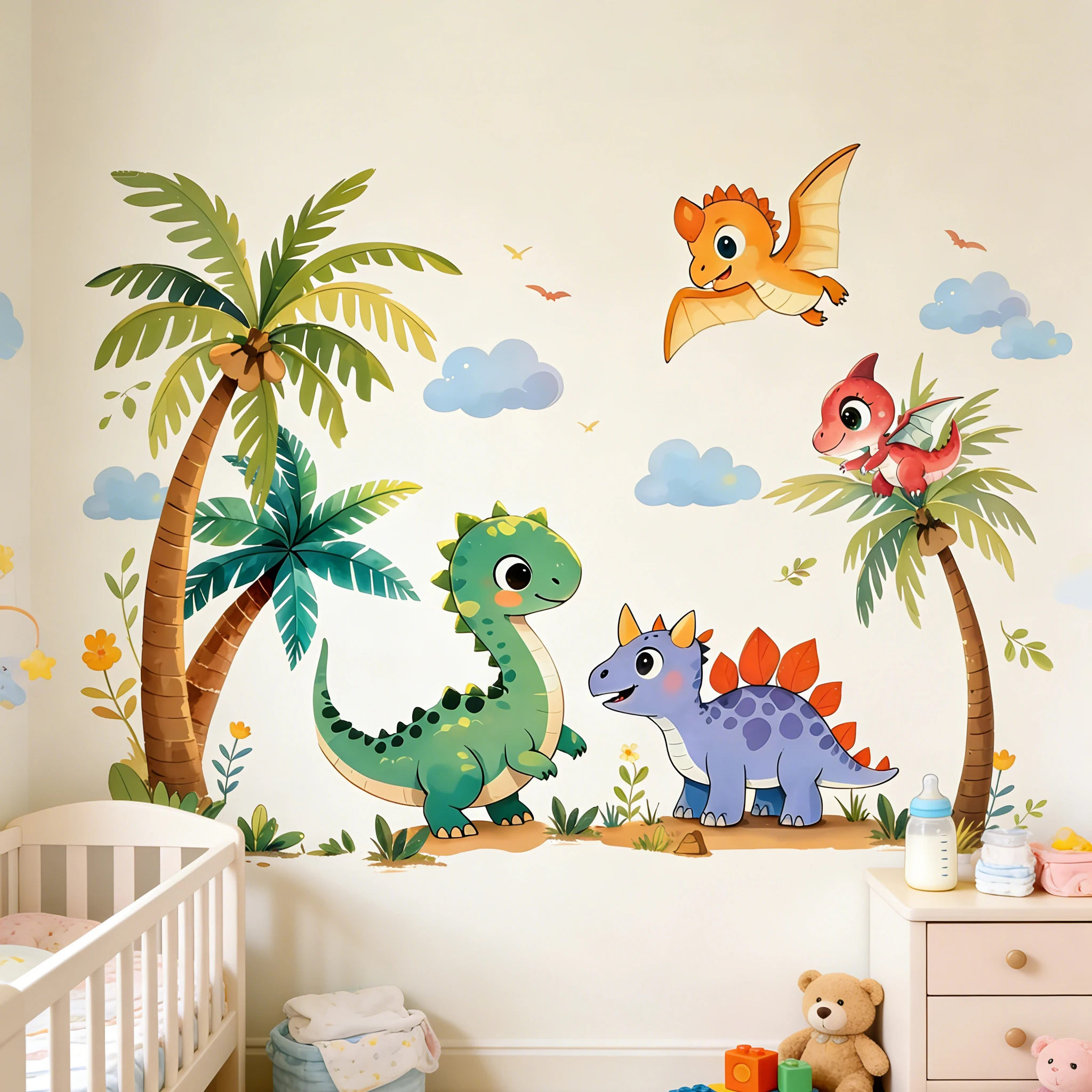 Dinosaur Theme Nursery Wall Decals Self-Adhesive Cartoon Door Stickers for Children's Room Bedroom Classroom Decor Background Wa