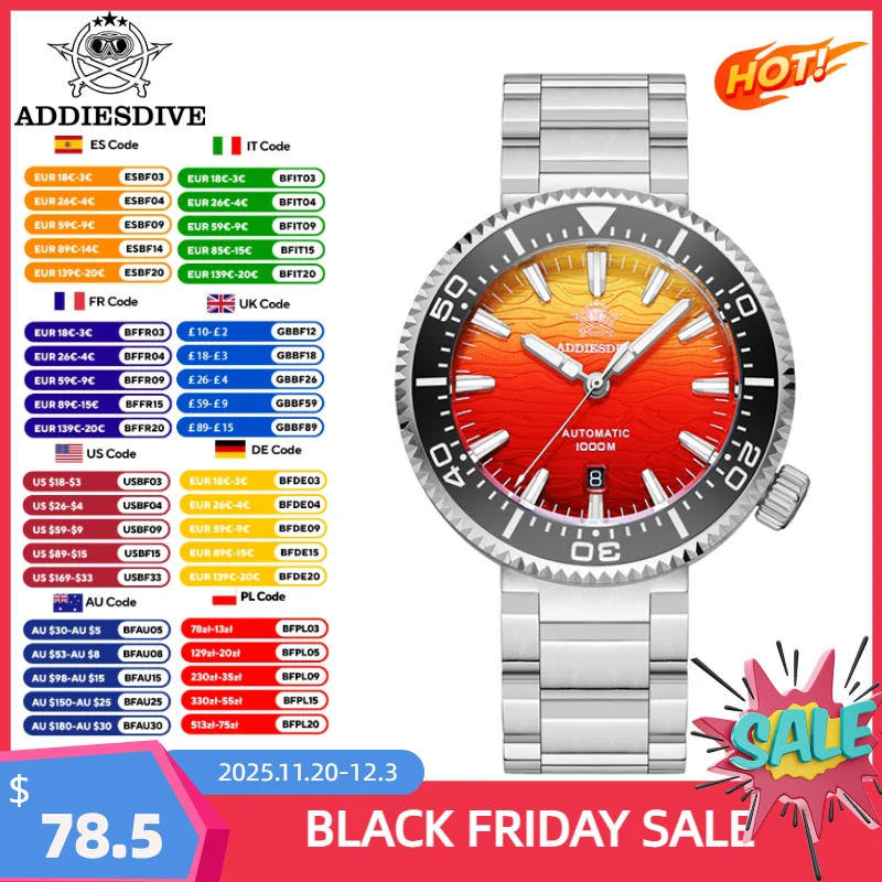 ADDIESDIVE Automatic Watches For Men 1000M Waterproof Sapphire Flame Clouds Texture Luxury BGW9 Luminous New AD2526 Diving Watch