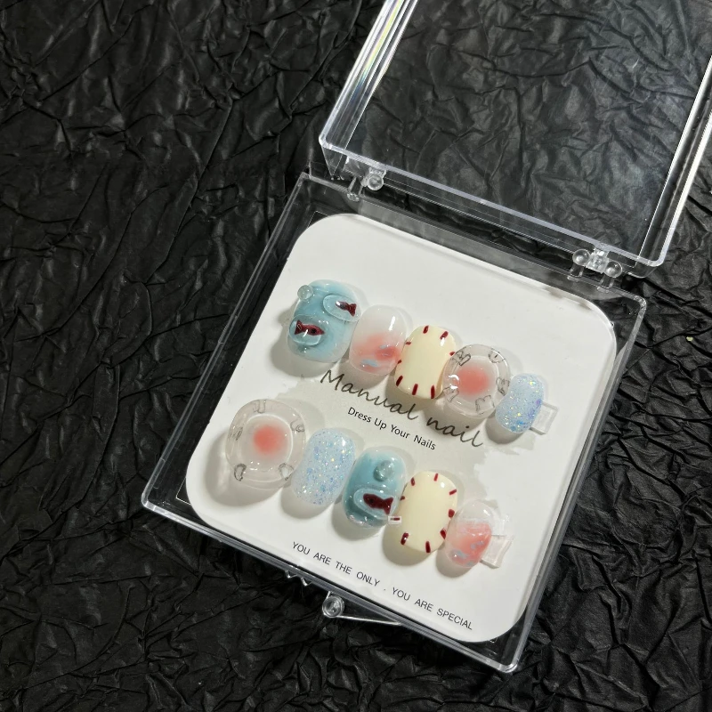 10 Pieces Cute Cartoon Handmade Press On Nails Spring and Summer Lake Water Fish Blush Sequins Fake Nails Removable Reusable