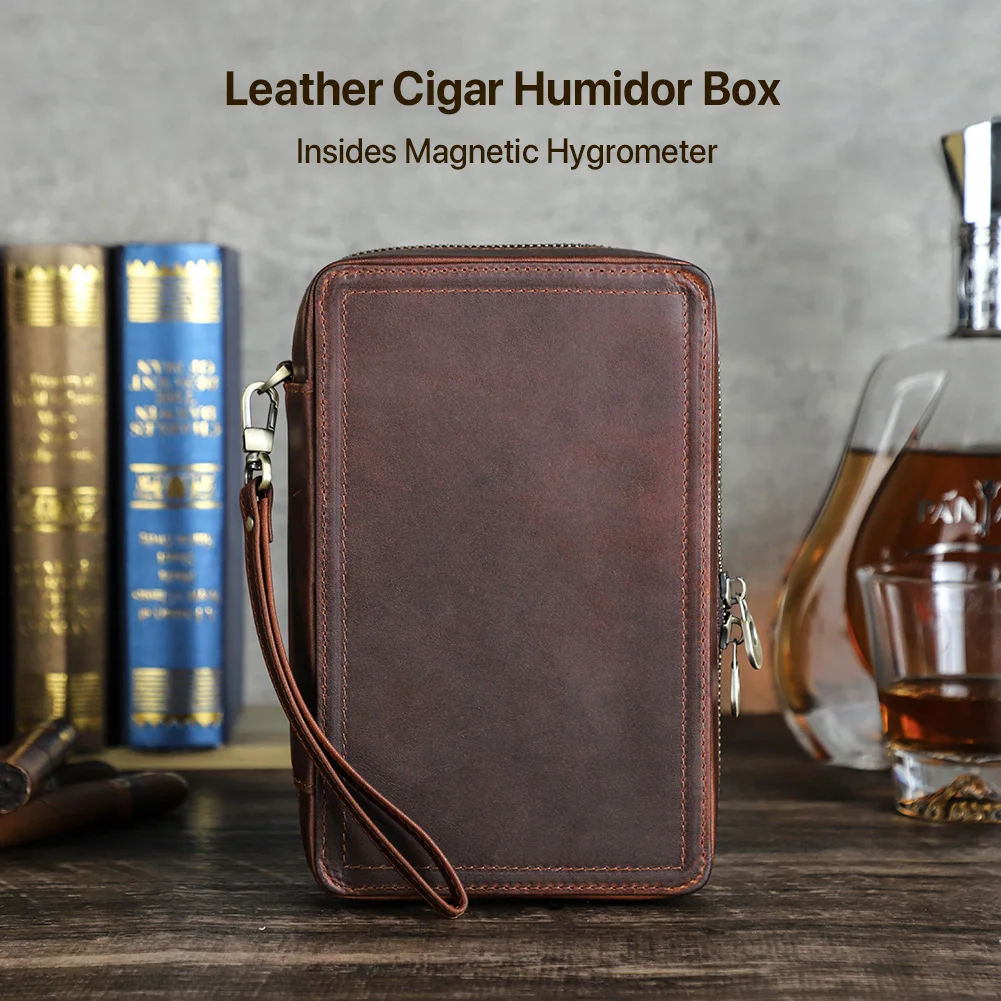 Luxury Genuine Leather 4 Slots Humidor Box Travel Portable Cigar Case with Humidifier Magnetic Hygrometer Cutter Lighter Pocket