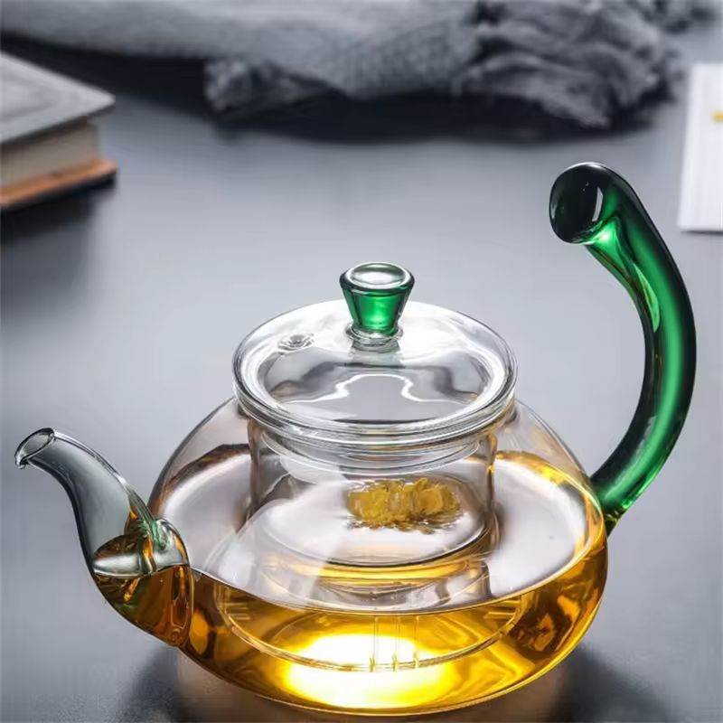 Hitzebeständige Teekanne aus klarem Glas mit Teesieb, 300 ml, 600 ml, Farbe verzogener Griff, Glas-Teekanne, Blumen-Puer-Tee-Ei, Topf, Tee-Set