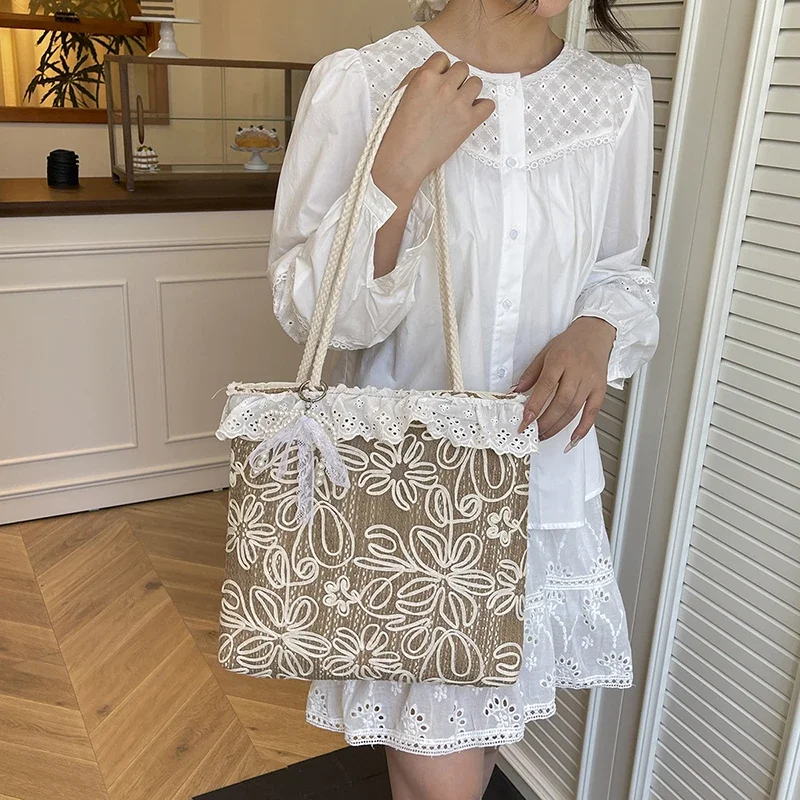 

Summer Straw Woven Lace Large Capacity Shoulder Bags on Sale Beach Commuting Women's Handbag 2026 Brand Light Luxury Ladies Bags