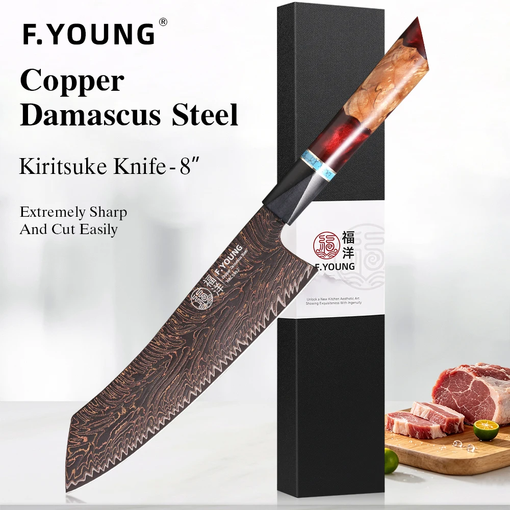 F.YOUNG 8-inch Kiritsuke Chef Knife Japanese 37 Layer Real Tricolour Copper Damascus Steel Santoku Kitchen Knives Kitchenware