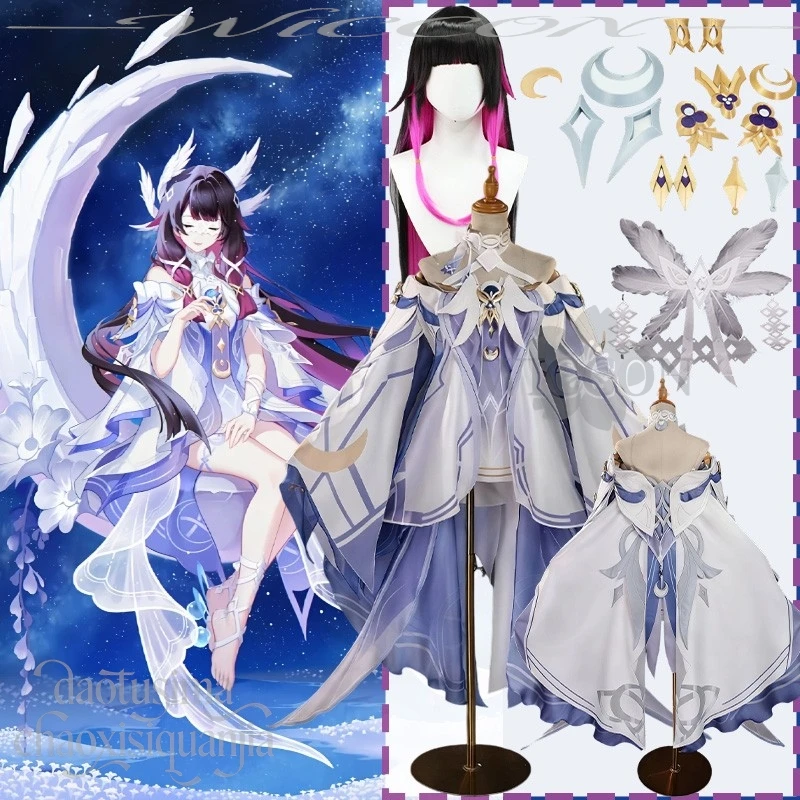 جميلة القمر آلهة كولومبينا تأثيري جينشين تأثير مثير قبالة الكتف فستان قصير أنيمي لعبة رئيس الدعائم ملابس الهالوين #1