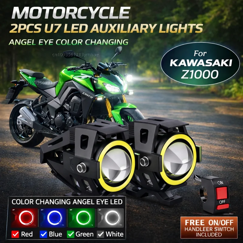 Waterproof Motorcycle LED Headlight 3000LMW U7 Motorbike LED Driving Fog Spot Light with Switch For KAWASAKI Z1000 Z1000R