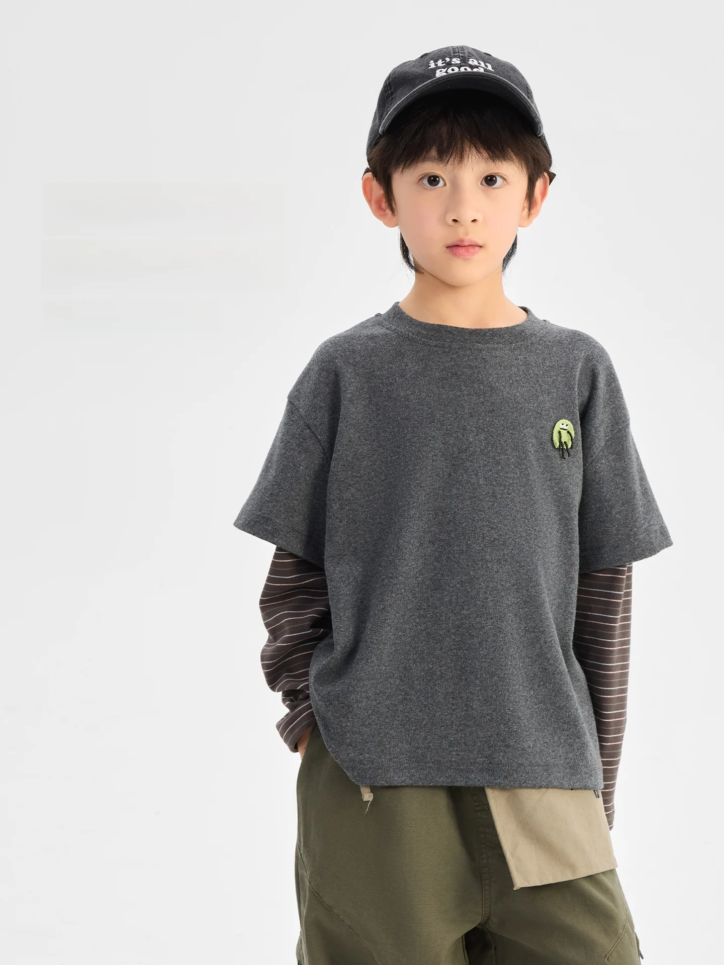 Patchwork Sleeve Color Block Children's T-shirt Boys' Spring Autumn Korean Style Loose Fit Breathable Long Sleeve round Neck