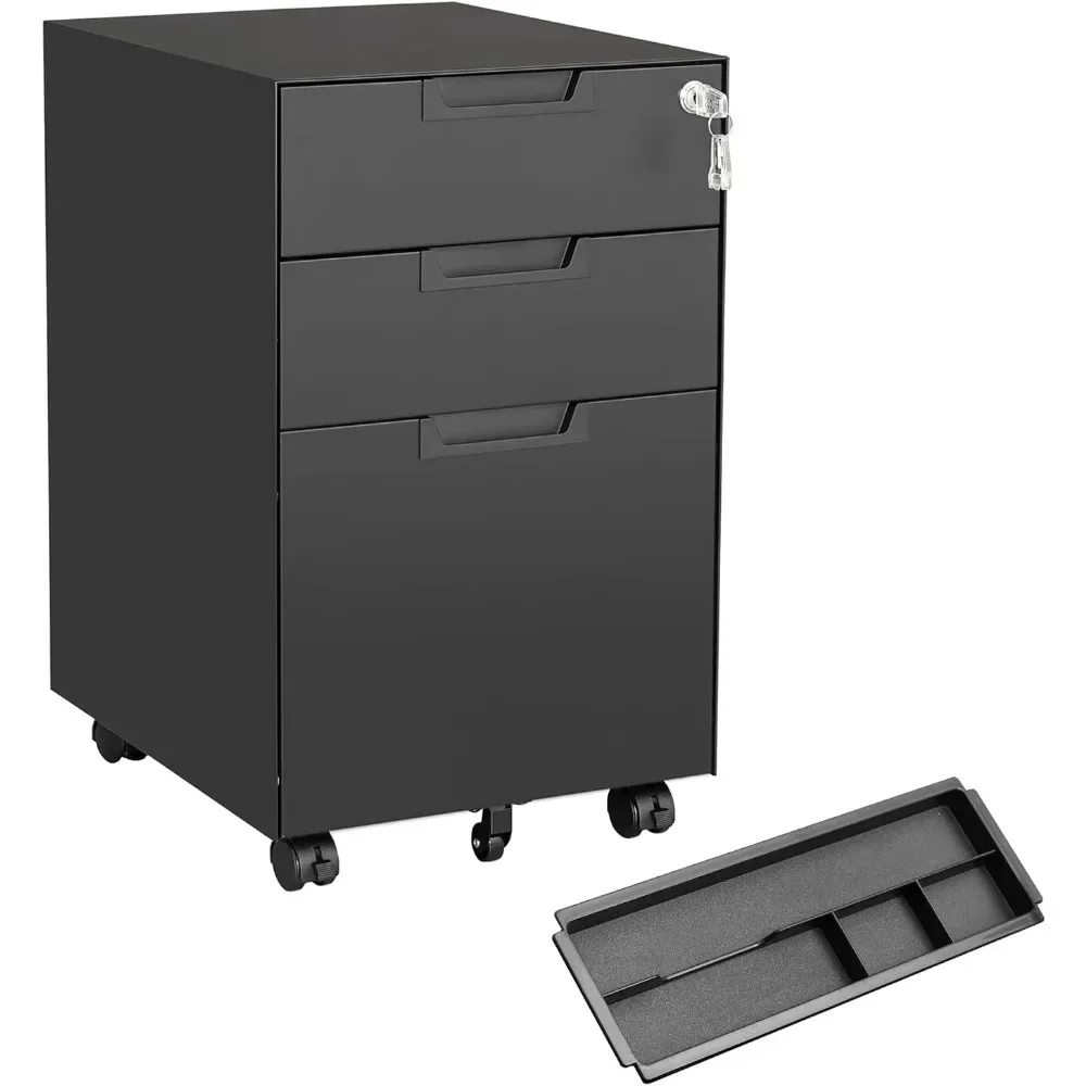 

3 drawer filing cabinet with lock, metal black vertical file cabinets for home office, full assembled file cabinets under desk,