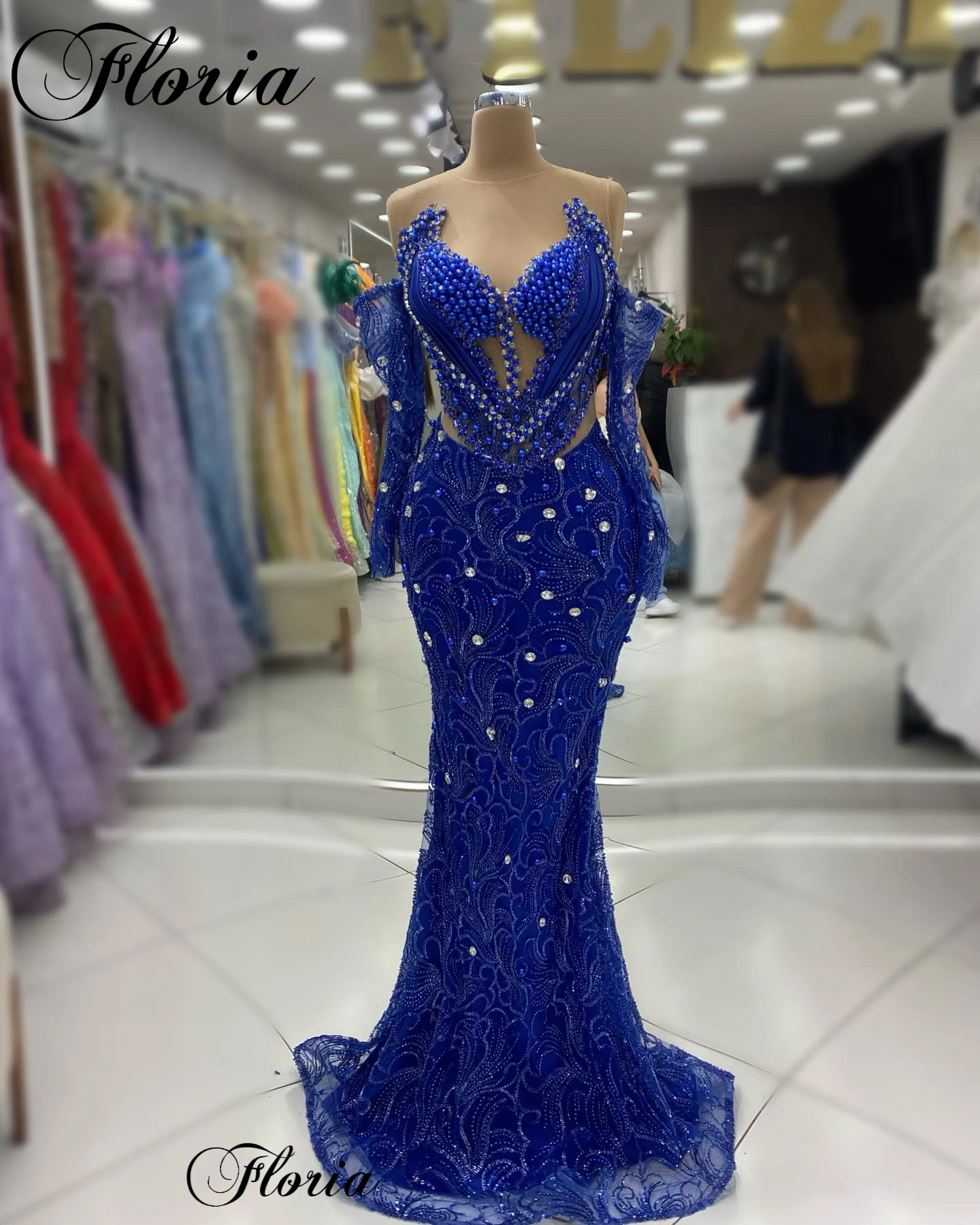 Royal Blue Sheer Neck Cocktail Dresses Mermaid Off Shoulder Birthday Dresses With Pearls Vestidos Femenino Engagement Dresses