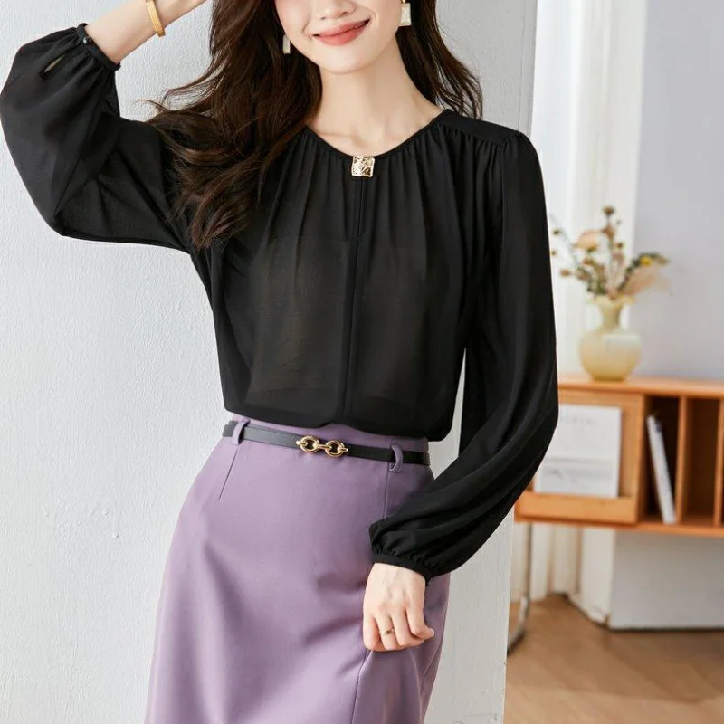 New Spring and Summer Women\'s Solid O-Neck Long Sleeve Loose Thin Classic Korean Blouse Fashion Casual All Match Commute Tops