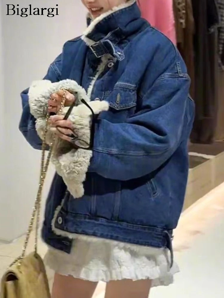 

Denim Furry Patchwork Autumn Winter Coat Women Korean Style Loose Fashion Ladies Jackets Casual Long Sleeve Woman Coats