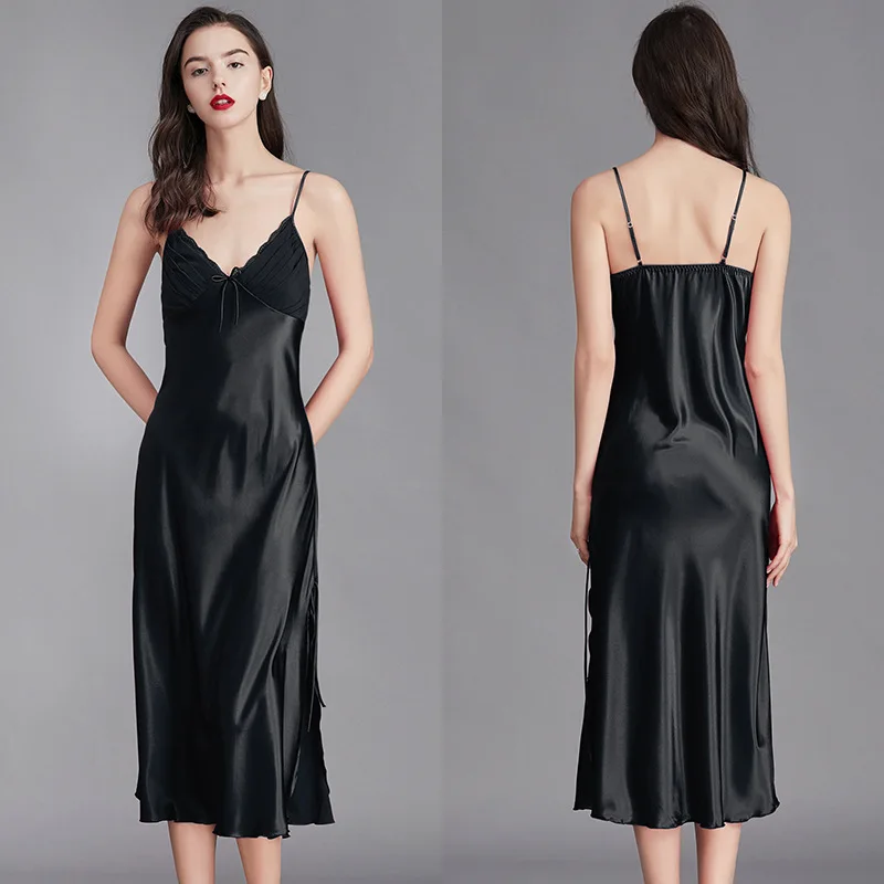 

Simple Ice Silk Camisole Sleepwear for Women's Summer Slip Dress Sexy Vent Slim Fit Long Nightgown Bathroom Bowknot Home Wear