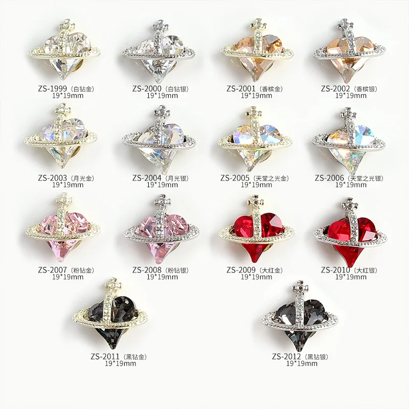 10st Crooked Tilted Heart Satelliet Kristal Legering Steentjes Sieraden Nail Art Decoraties Nagels Accessoires Charms Supplies