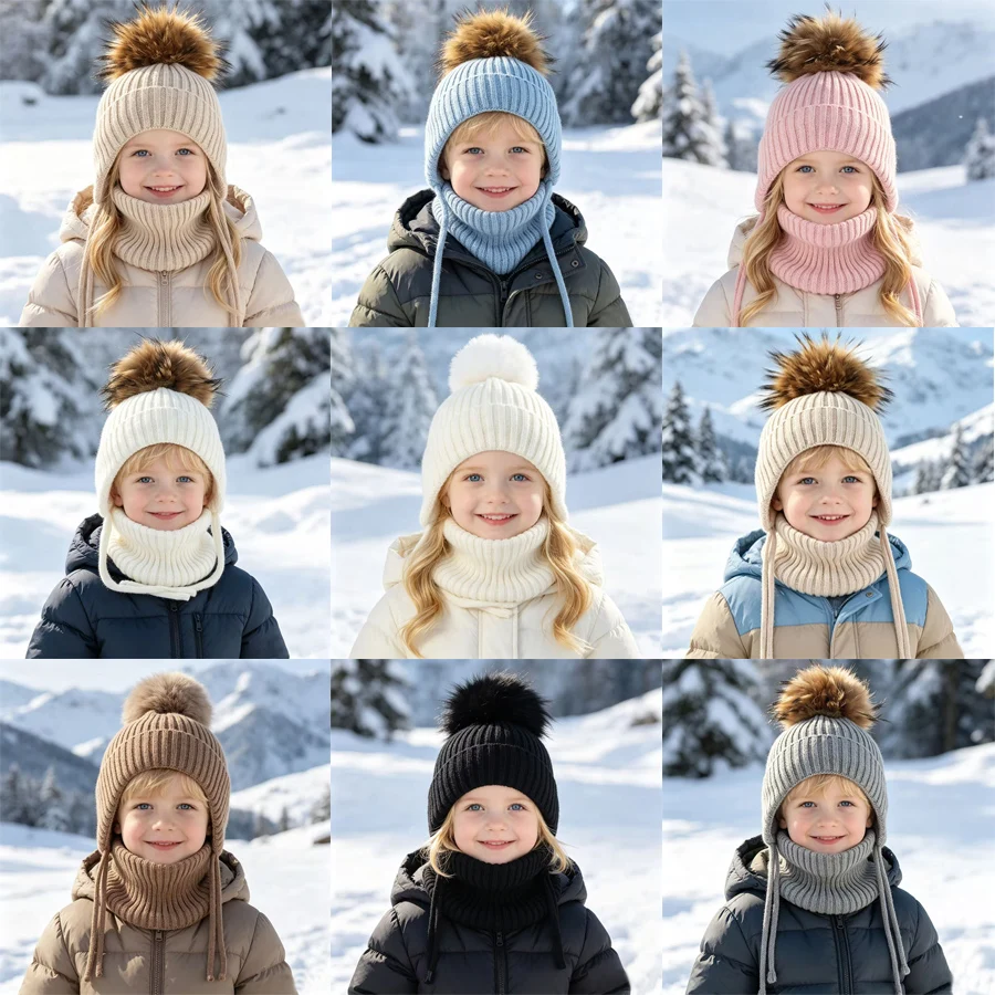 Baby Hat Neck Set Real Raccoon Fur Pompom Kids Girl Boy Winter Warm Fleece lining Wool Knitted Beanies Children Cap Outdoor