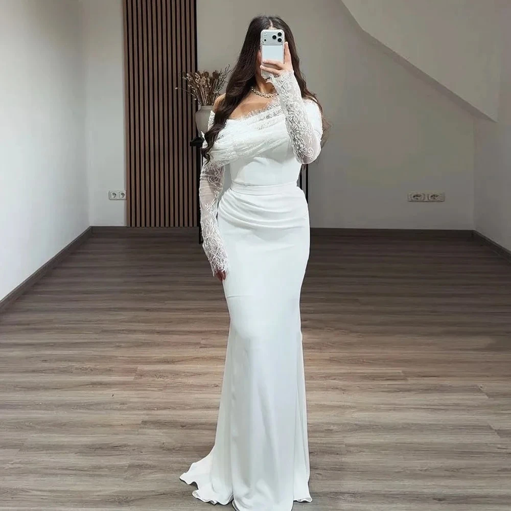 

Elegant Ivory Wedding Party Dress Customized Off The Shoulder Lace Long Sleeve Floor Length Muslim Mermaid Evening Dresses