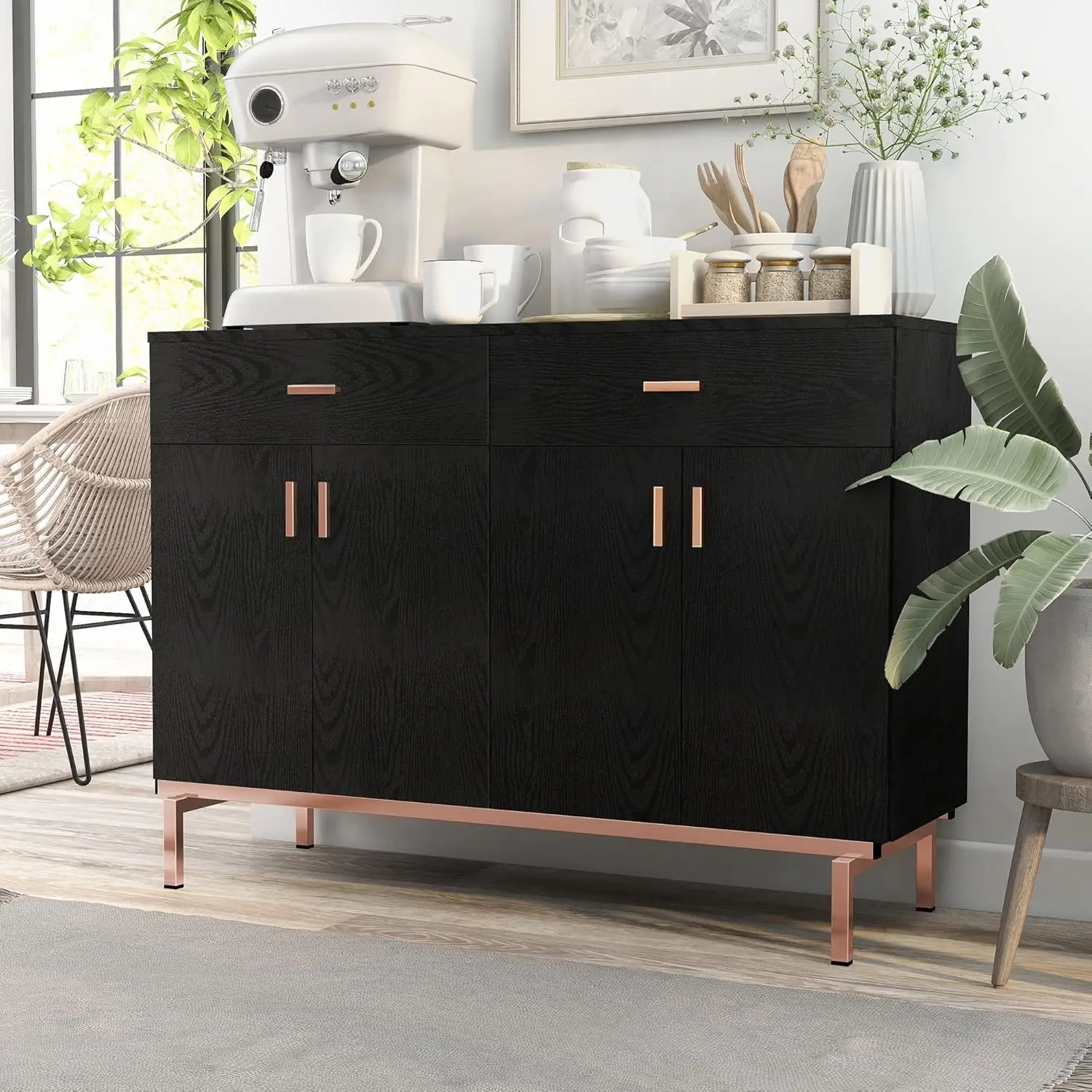 Modern 48 in. Buffet Server, Sideboard with Removable Wine Holder, 2 Drawers On Metal Glides and 2 D