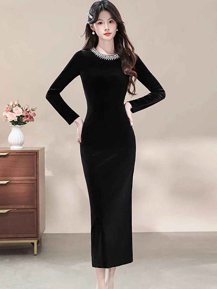 Damska Sukienka Vintage w Stylu Hepburn, Luksusowa, Długa, Jesienno-Zimowa, Czarna, Aksamitna, z Diamentami, Stójka, Sukienka Bodycon Elegancka w Stylu Koreańskim, Kolekcja 2025