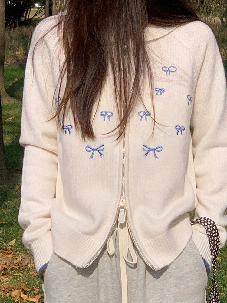 

Sweet Knitted Open Cardigan Top Women's Casual Sle White Soft Fabric Long Sve Knot Design Autumn Winter Faion