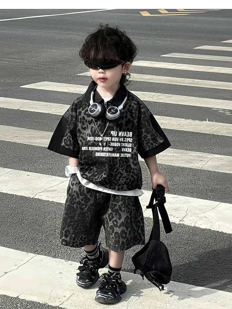 New Children Summer Cool Breathable Knit T-Shirt + Shorts 2-Piece Set Outfit Fashion leopard Print Boys Girls Toddler Clothing