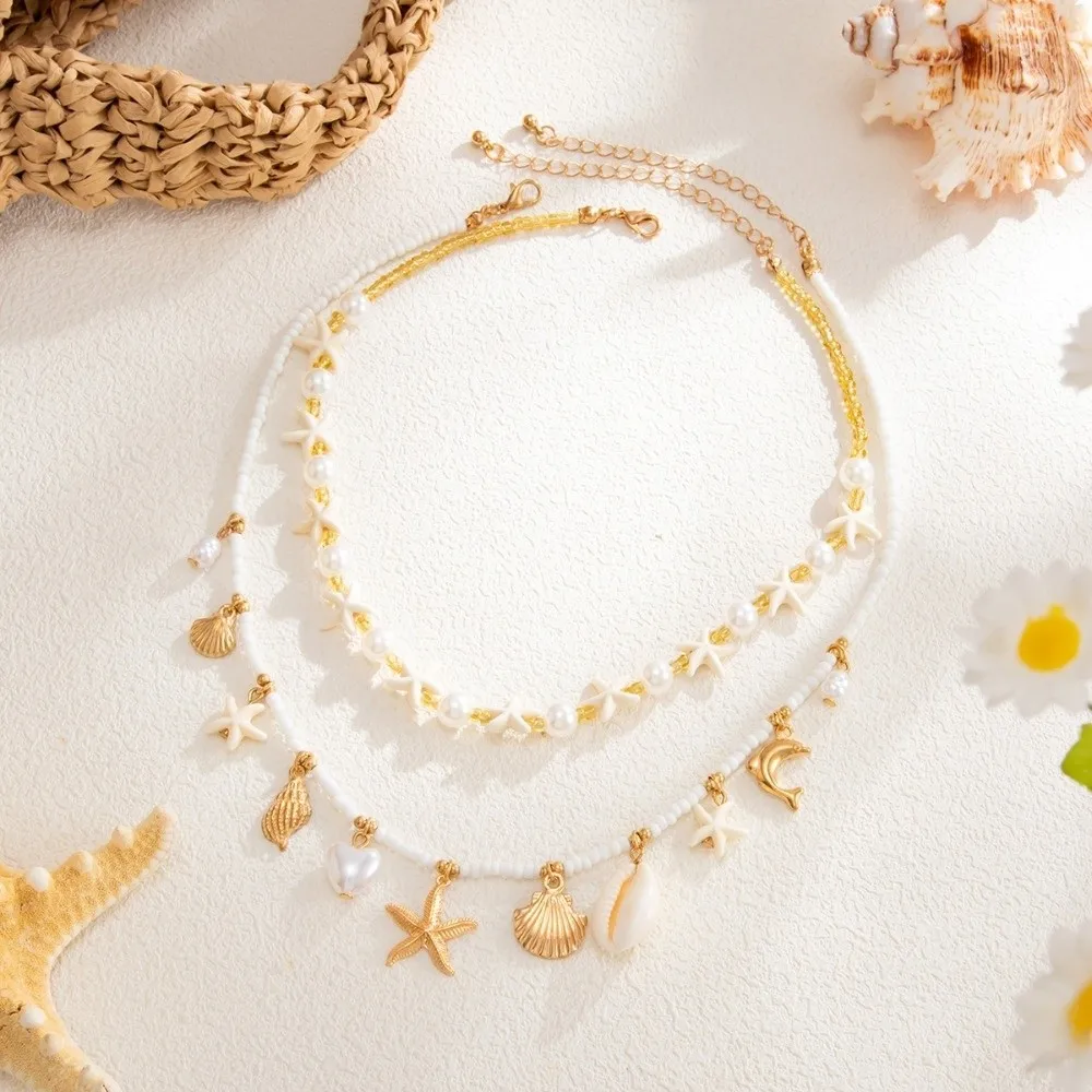 Imitation Pearl Chain Starfish Mold Layer Wear Design Clavicle Jewelry Coastal Tone Conch Shape Holiday Decor Photo Shoot
