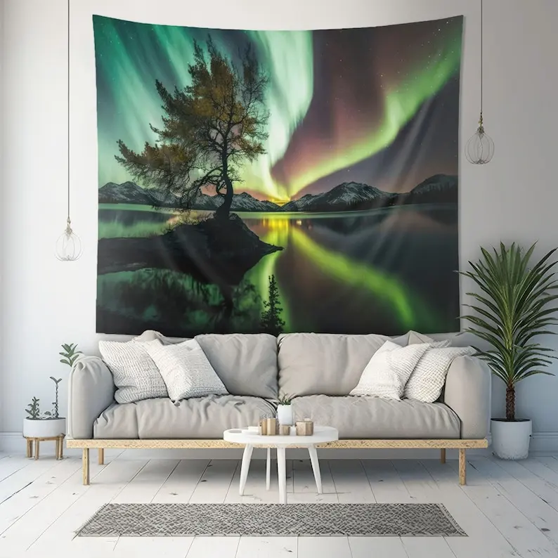 Aurora Borealis Nightscape Tapestry - Northern Lights 100% Polyester Wall Hanging Long Exposure Photo Wall Art Decor