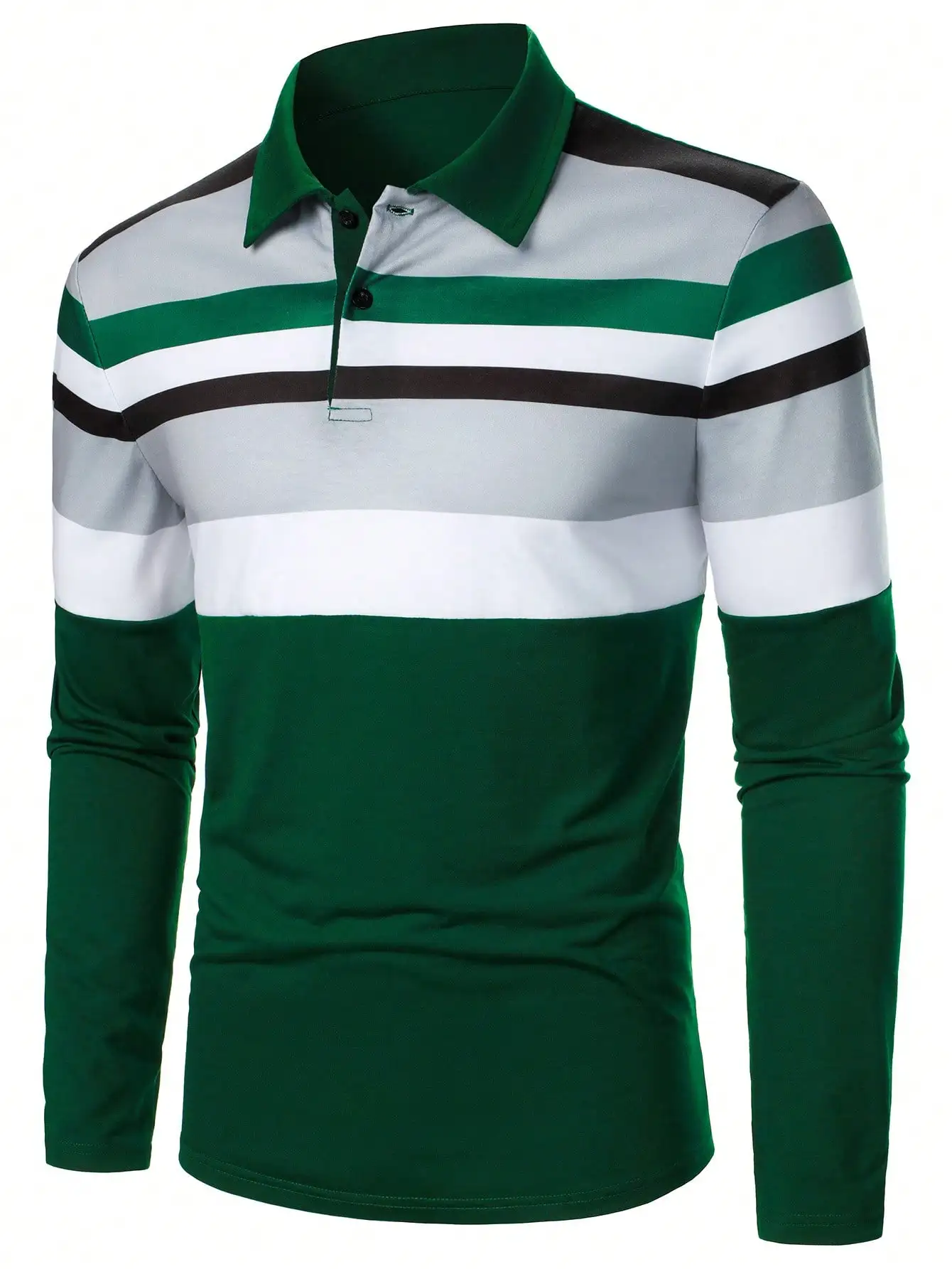 Men's Long Sleeve Color Block Striped Polo Shirt in Green, White & Grey - Fitted Casual Button-Up for Fall