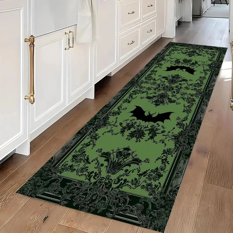 Gothic Bat and Floral Skull Print Runner Rug Floor Mat for Kitchen Hallway Entryway Laundry Room Halloween Witchy Home Decor