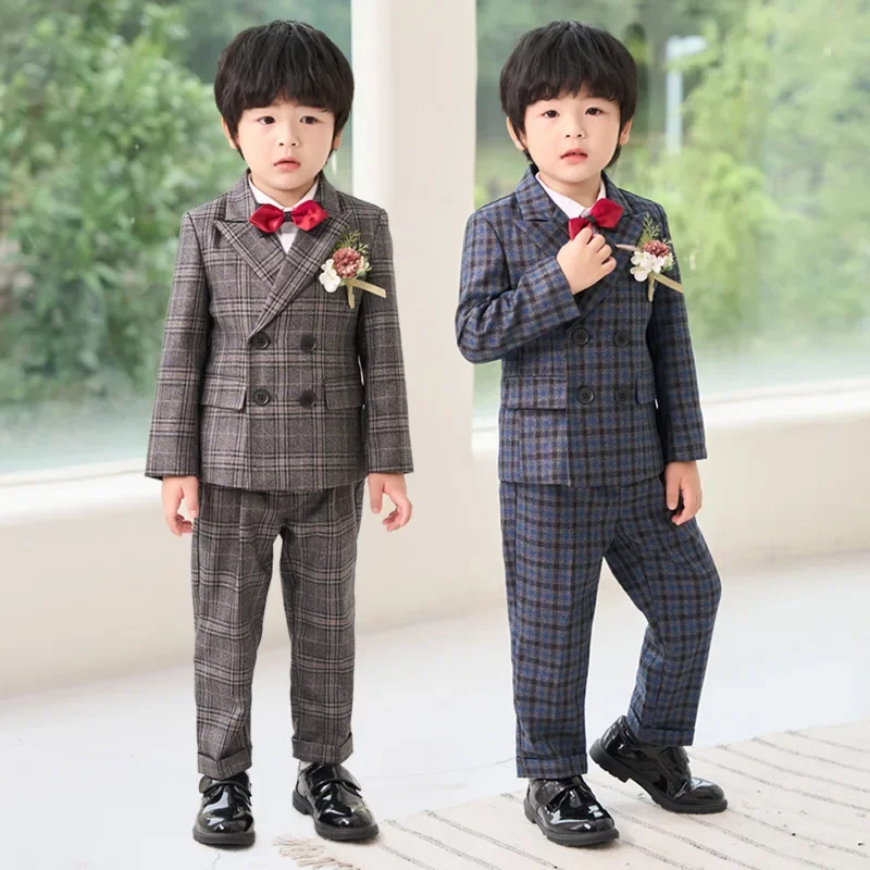 

Children Formal Dress Suits Set Flower Boys Wedding Baby First Birthday Costume Kids Double Brested Plaid Blazer Pants Bowtie