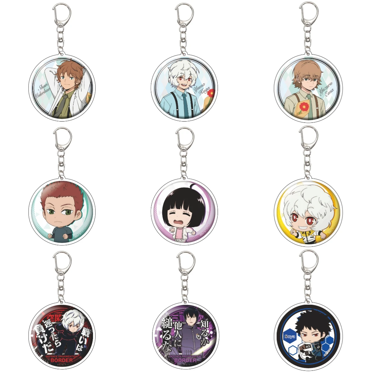 55MM Anime Welt Trigger Schlüsselanhänger Jin Yuichi/Kuga Yuma/Tachikawa Kei Schlüsselanhänger Acryl Modell Platte Weihnachtsgeschenke