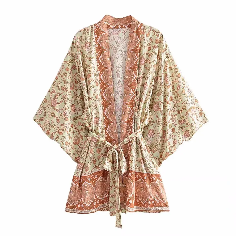 

Boho Swim Cover Up Women's Cardigan Dress Shirt Yellow Floral Print Kimono Sleeve Summer Shirt Beach Shirt Blusa Robe