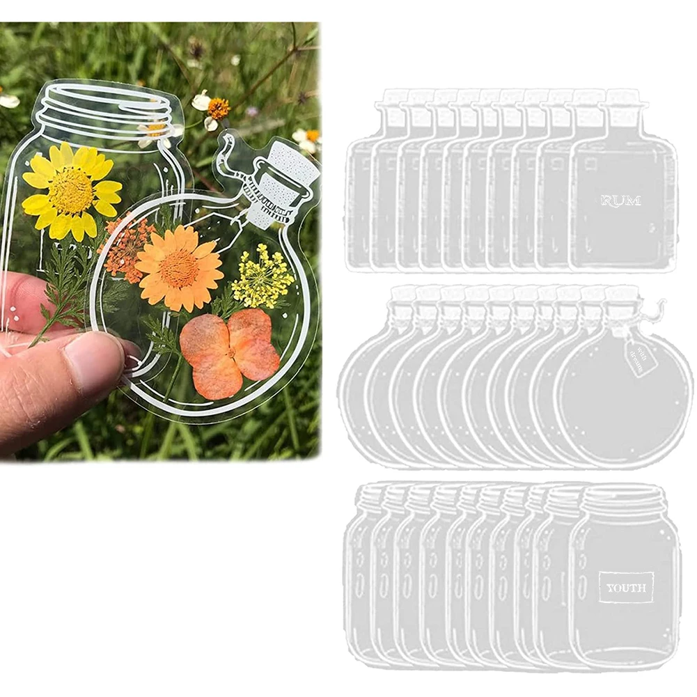 30 Pcs Transparent Dry Flower Bookmark Glassware Series Sticker Bag Drifting Bottle Perfume Bottle Article Decoration Sticker