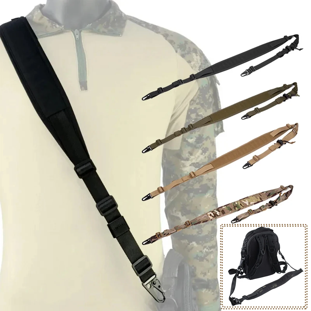 Tactical Padded Rifle Sling Swivel Strap Quick Adjustable 2 Point / 1 Point 2.25 inch Wide Padded Backpack Gun Sling Accessories