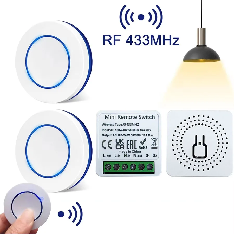 

RF 433MHz Wireless Light Switch Wall Panel with Relay Receiver 110–230V 16A 2-way Control Remote Control Switch for LED Lamp Fan
