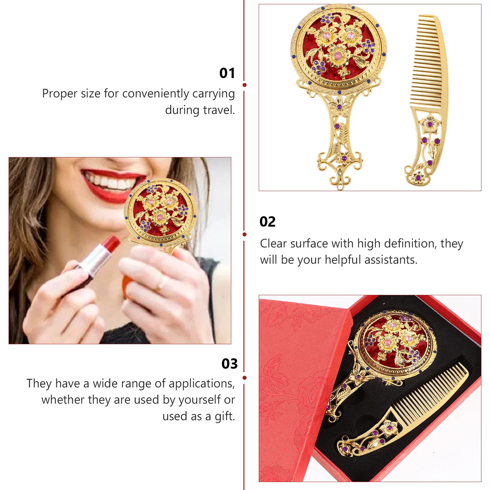 

1Set Mini Mirror Set Handheld Vintage Style Foldable Makeup Mirror Lightweight Portable for Travel Home Gift Idea
