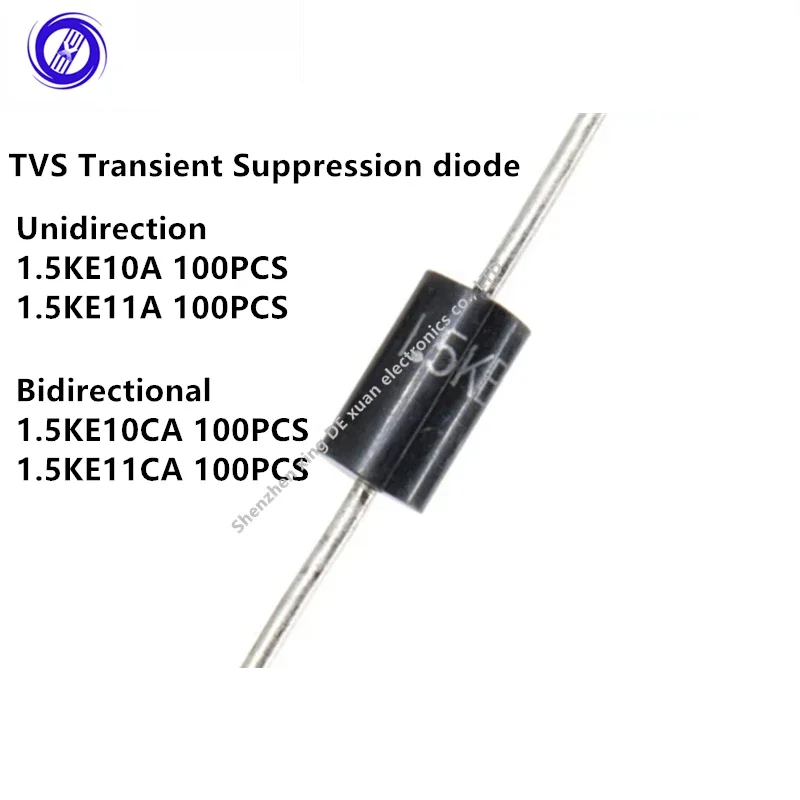 DO-201AD DIP 단방향 및 양방향 TVS 과도 억제 다이오드, 1.5KE10A, 1.5KE10CA, 1.5KE11A, 1.5KE11CA, 100 개