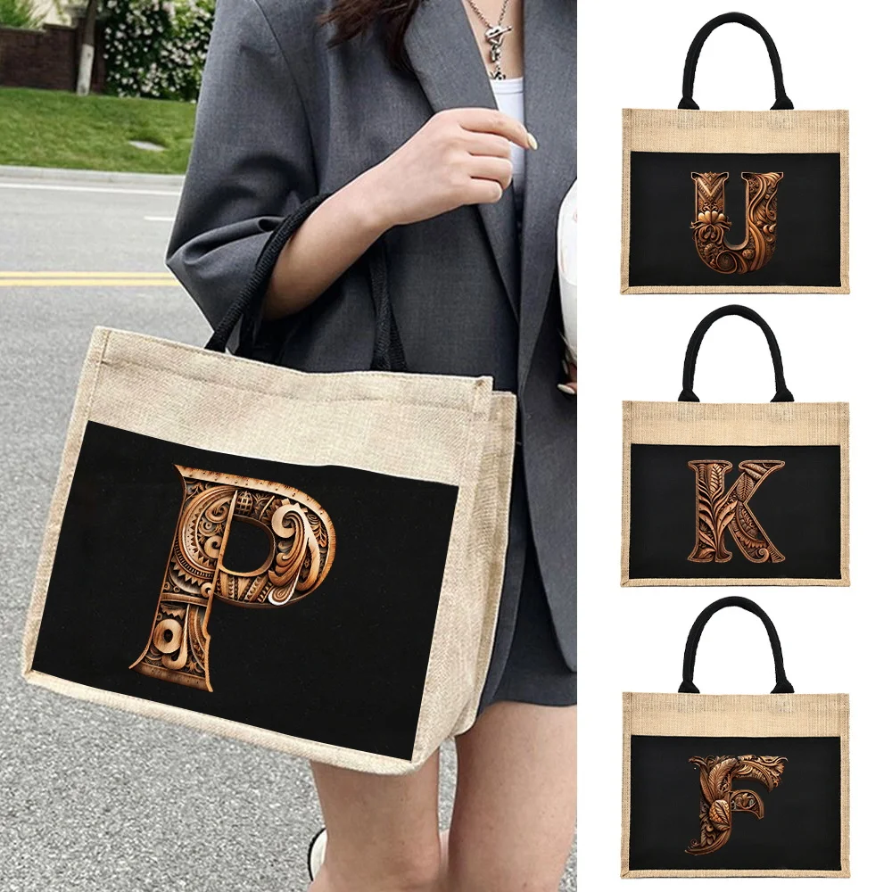 Sac à bandoulière en lin grande capacité avec impression artistique en bois, sac de shopping écologique en jute imitation sac de toile pour femme