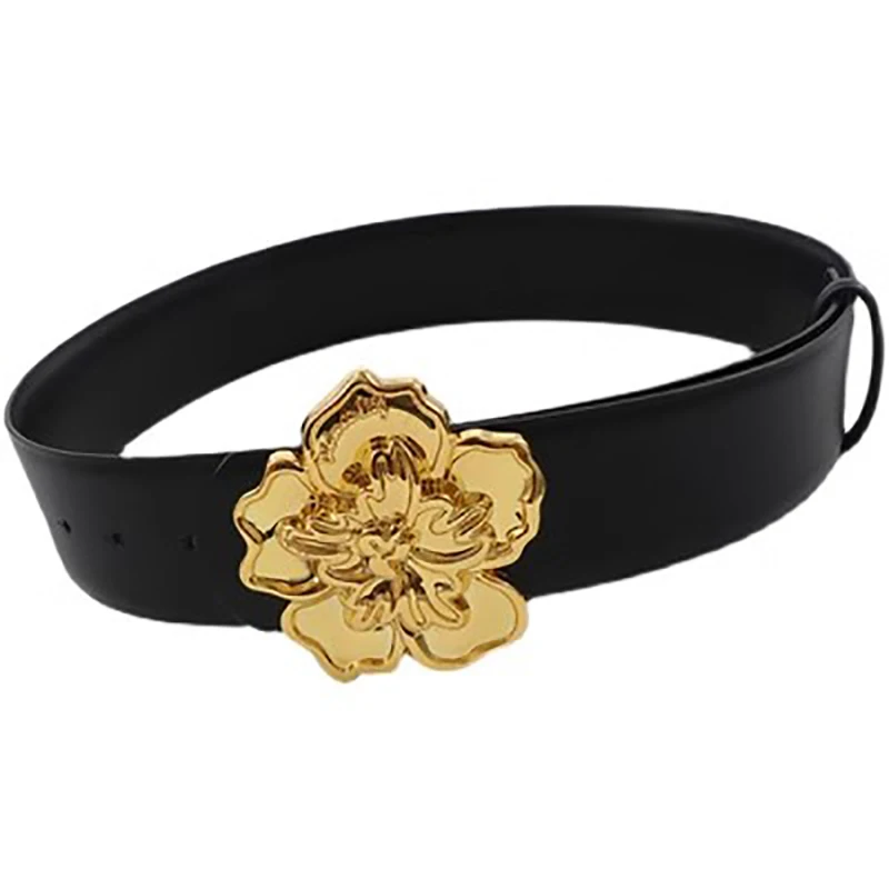 4.8 CM Wide Cummerbunds Women Reversible Two Faces Colors Cow Skin 3D Flora Golden Buckle Belt Ladies