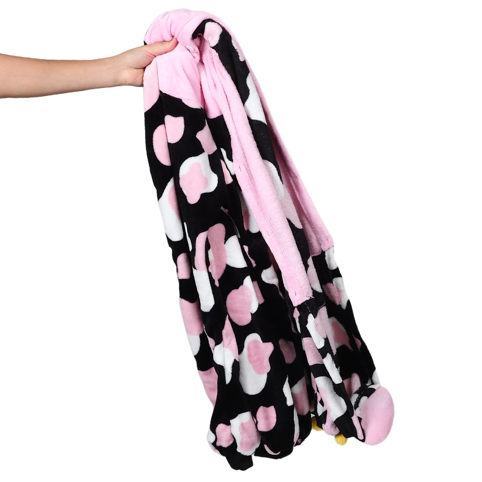 بيجامة قطعة واحدة بطابع بقرة للبالغين ملابس نوم ناعمة ودافئة مع لهجات زهور وردية للجنسين للاسترخاء المنزلي البارد #1