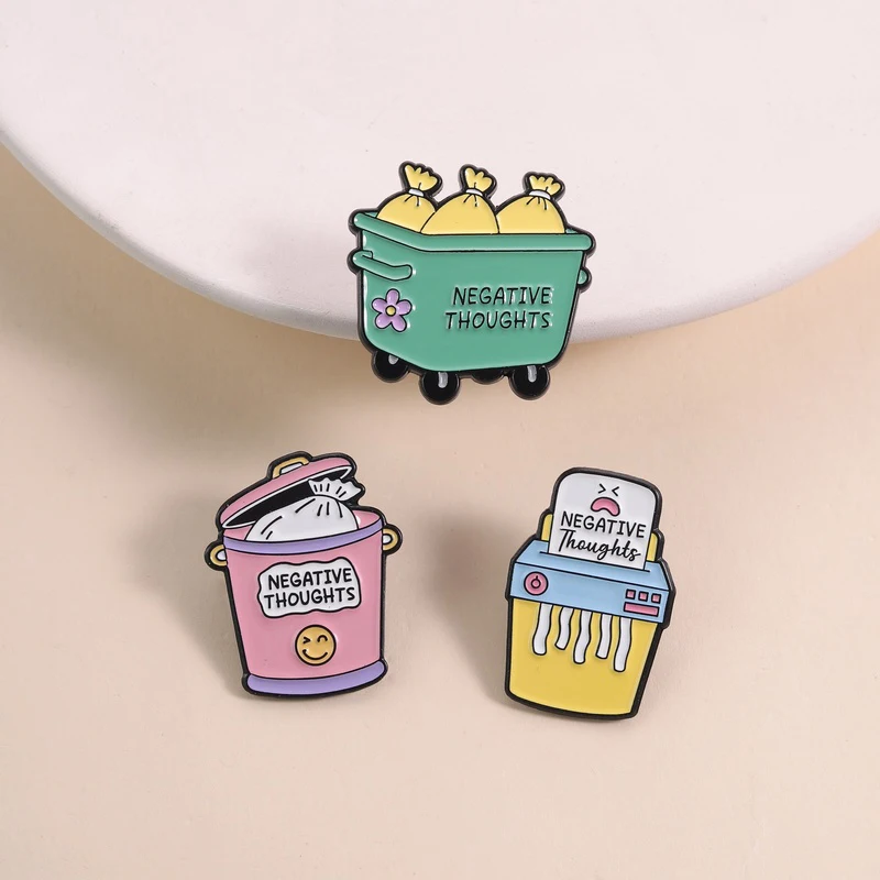 Negative Thoughts Enamel Pins Healing Anxiety Mental Health Awareness Shredder Trash Can Brooches Lapel Badge Jewelry Gifts