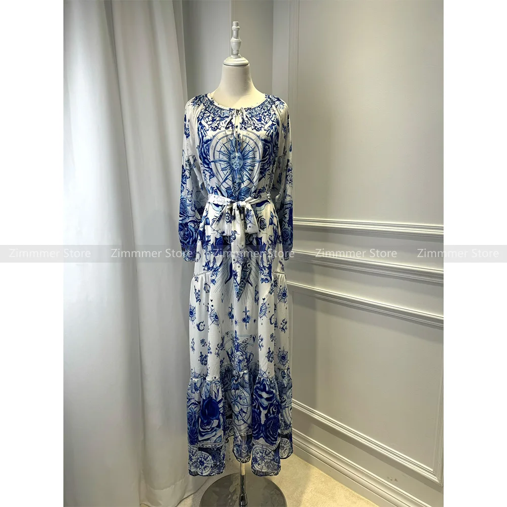 Australian niche noblewoman new blue printed V-neck dress silk with diamonds ethnic style fairy dresses