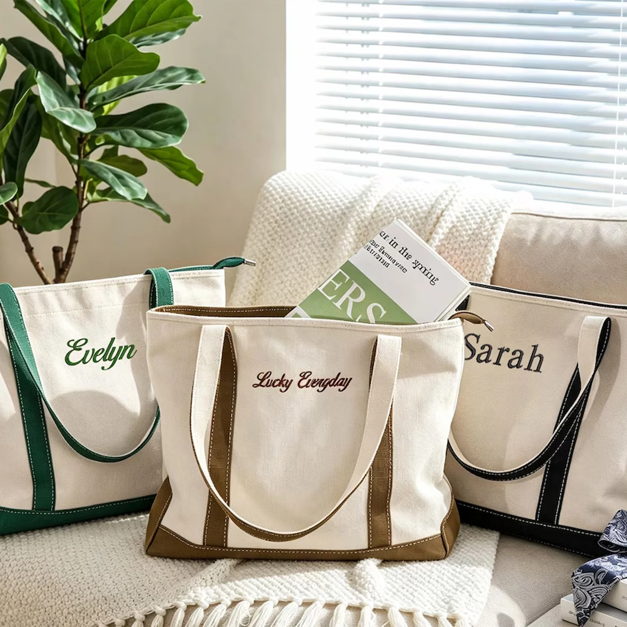 2 Custom Name Embroidery Pieces |   Custom Canvas Tote Bags, Personalized Logo Tote Bags, Name Tote Bags, Bridesmaid Gift Bags, Custom Tote Bags Embroidered with Initials, Personalized Gifts
