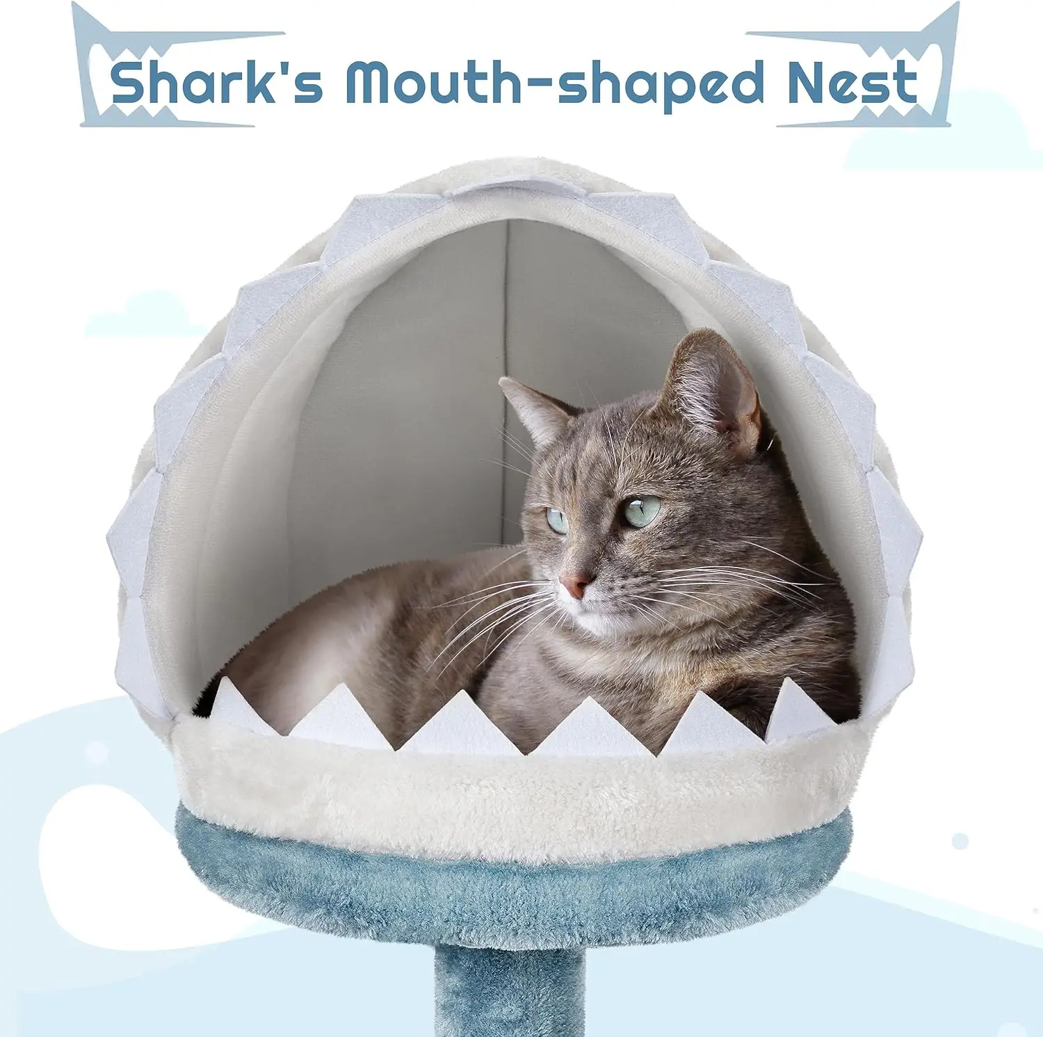 45.5in Ocean-Themed Cat Tree Multi-Level Cat Tower, Plush Cat Furniture with Shark's Mouth-Shaped Nest, Sea Star-Shaped Perch